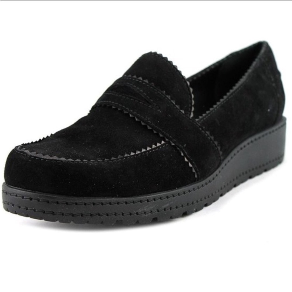 STUART WEITZMAN Penny Loafers Black Suede Chunky Platform Dark Academia 7.5